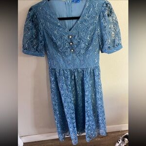 Psalter Light Blue Women's Dress with Lace Trim Size 36